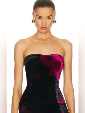 Retrofete Strapless Velvet Strapless Top in Black and Magenta